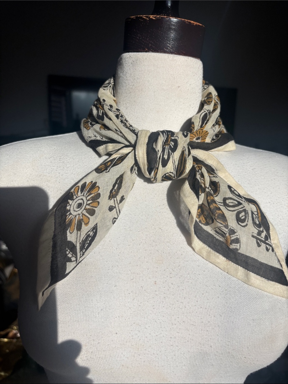 Floral Print Neck Scarf in Cream, Black and Gold cotton.